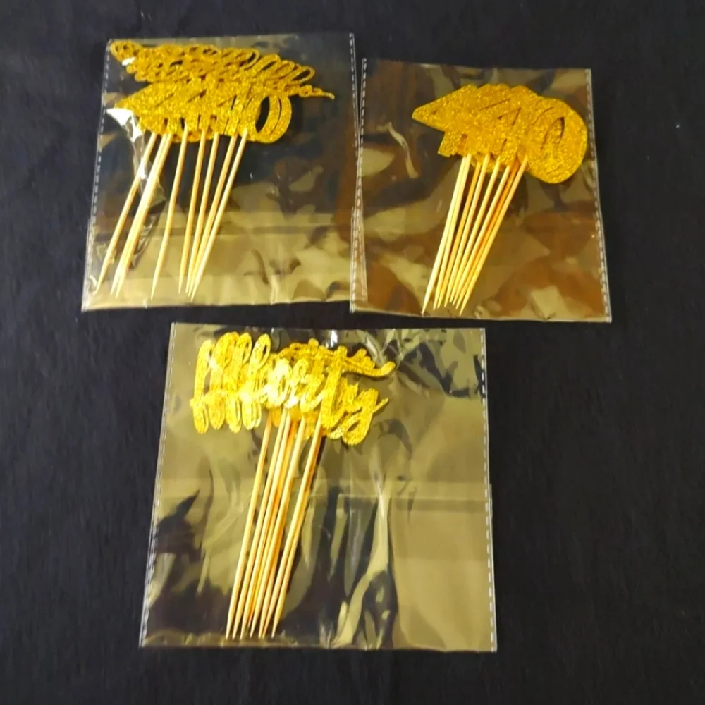 Happy Birthday, 40th Theme, Gold Glitter, 3 Designs, 24 Pack, Cupcake Toppers